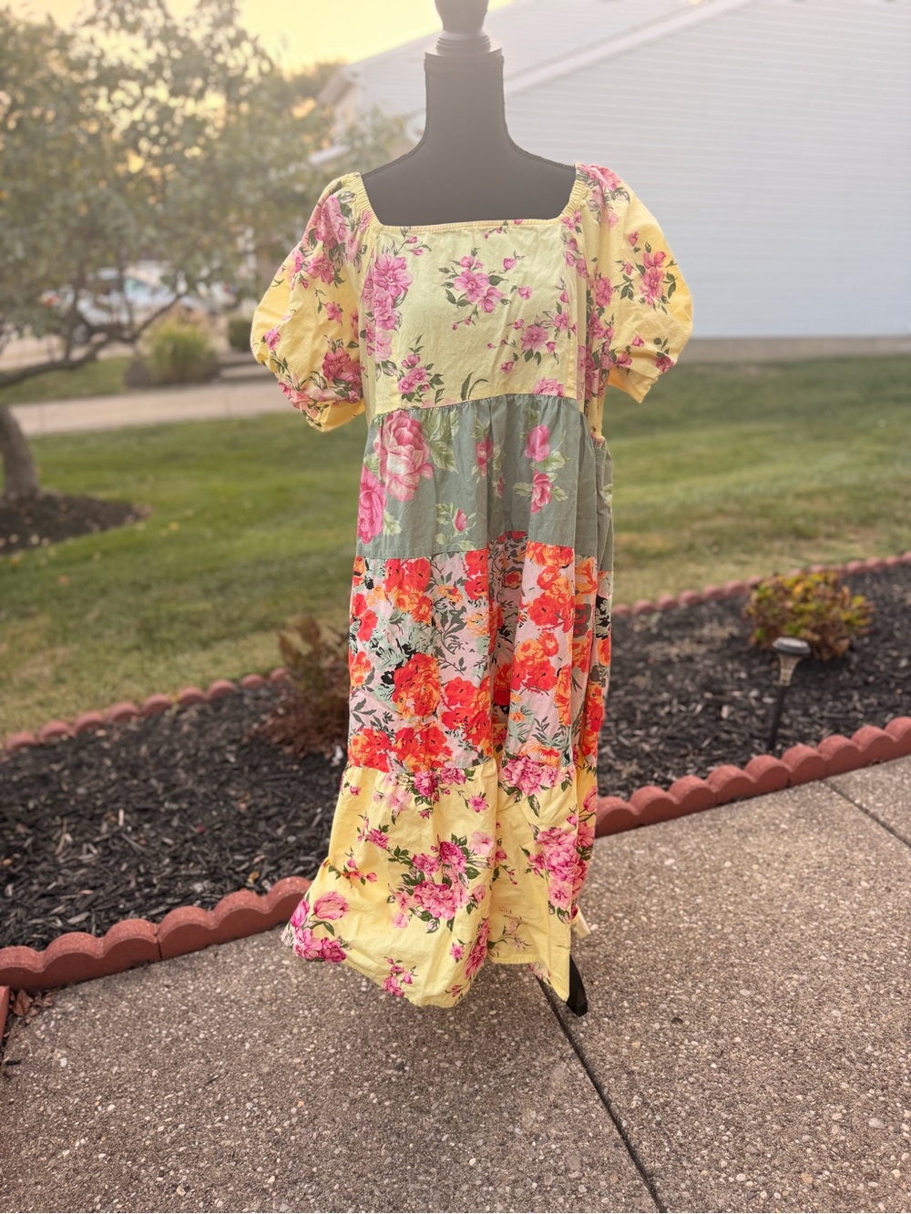 Floral Patchwork Square-Neck Midi Dress in Yellow